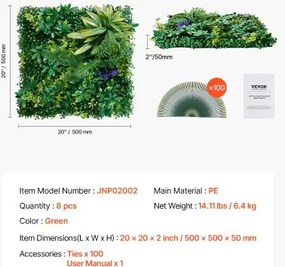 VEVOR Artificial Grass Wall Panels 8 PCS 20 x 20 inch 3D Greenery for Decor