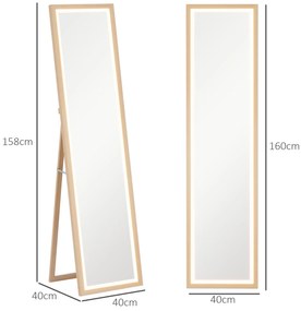 HOMCOM Καθρέφτης πλήρους μεγέθους LED, 40 x 160 cm, έλεγχος αφής, ρυθμιζόμενος, 3 χρώματα, δρυς