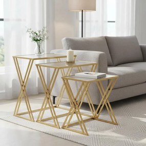Τραπέζια σαλονιού σετ 3τεμ Pitche Inart χρυσό μέταλλο-γυαλί 60x60x39 εκ.