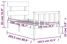 Πλαίσιο Κρεβατιού με Κεφαλάρι Μαύρο 100x200 εκ. Μασίφ Ξύλο - Μαύρο