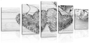 Εικόνα 5 μερών παιώνιες και καρδιές σημύδας σε ασπρόμαυρο - 100x50