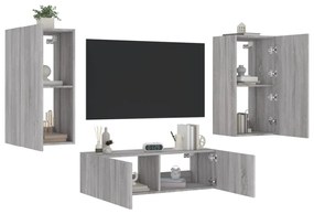 vidaXL Ντουλάπια Τηλεόρασης Τοίχου 3 Τεμ. με Φώτα LED Γκρι Sonoma