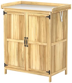 Outsunny ντουλάπι κήπου, ντουλάπι εργαλείων εξωτερικού χώρου, με επιφάνεια εργασίας, ξύλο και ανοξείδωτο ατσάλι, διπλές πόρτες, φυσικό ξύλο