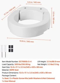 VEVOR Raised Toilet Seat, 136.1 kg Load Capacity, 88.9 mm Lift Height, Commode Elevated Toilet Seat Riser with Enlarged Opening for Seniors, Elderly, Handicap, Disabled, and Adults, Fits Round Bowl