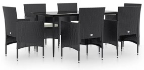 vidaXL Σετ Τραπεζαρίας Κήπου 7 Τεμαχίων Μαύρο με Μαξιλάρια
