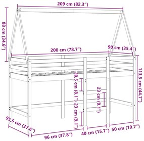 Υπερυψ. Κρεβάτι 90x200 εκ. Μασίφ Πεύκο με Σκάλα / Οροφή - Καφέ