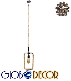 GloboStar® MALVERN 10001237 Vintage Industrial Κρεμαστό Φωτιστικό Οροφής Μονόφωτο 1 x E27 Μαύρο Μεταλλικό με Μπεζ Σχοινί Μ33 x Π18 x Υ22cm