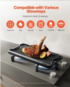 VEVOR 20x10 in Reversible Grill Griddle Pre-Seasoned BBQ Pan Cast Iron Black
