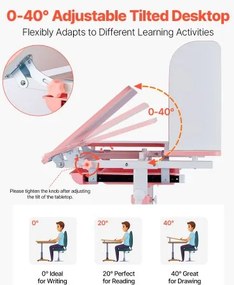 VEVOR Kids Study Chair and Desk with Bookshelf &amp; Drawer Height Adjustable Pink