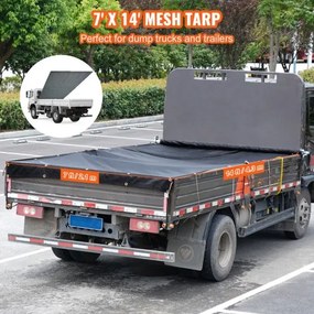 VEVOR Dump Truck Mesh Tarp, 7 x 14 ft, PVC Coated Black Heavy Duty Cover with 5.5&quot; 18oz Double Pocket, Brass Grommets, Reinforced Double Needle Stitch Webbing Fits Manual or Electric Dump Truck System