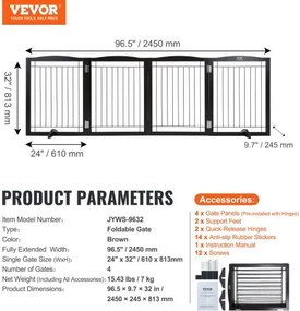 VEVOR Free Standing Dog Gate 32x96.5 inch Freestanding Pet Gate Foldable Brown