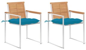 vidaXL Καρέκλες Κήπου 2 τεμ. από Μασίφ Ξύλο Teak/Ατσάλι με Μαξιλάρια