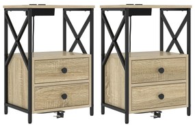 vidaXL Κομοδίνο με Σταθμό Φόρτισης με συρτάρι 2 pcs Sonoma Δρυς