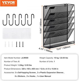 VEVOR File Wall Rack Mesh Wall File Holder 1-Piece 6 Pockets for Office/School