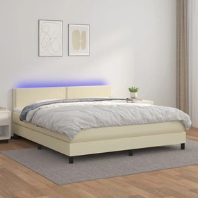 Κρεβάτι Boxspring με Στρώμα &amp; LED Κρεμ 160x200 εκ. Συνθ. Δέρμα - Κρεμ