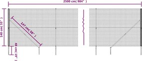 vidaXL Συρματόπλεγμα Περίφραξης Ανθρακί 1,4 x 25 μ. με Καρφωτές Βάσεις