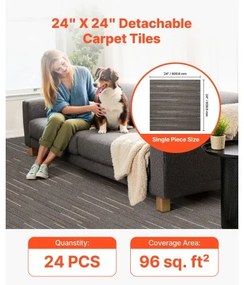 VEVOR Carpet Tiles Reusable 610x610 mm, 24 PCS Modular Carpet Square Rug, Commercial Floor Soft Padded for Seamless Cover 8.9㎡, Easy DIY Replacement for Living Room Bedroom Office Indoor, Dark Brown