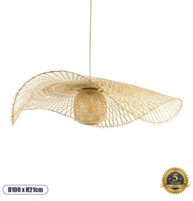 GloboStar CINNABAR 01838 Boho Κρεμαστό Φωτιστικό Οροφής Μονόφωτο 1 x E27 AC220-240V IP20 - Φ100 x Υ21cm - Μπεζ Ξύλινο Μπαμπού Πλέγμα - 5 Χρόνια Εγγύηση - 01838