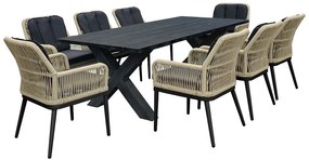 ALLEY Set Τραπεζαρία ALU Ανθρακί-Rope Φυσικό: Τραπέζι 220x94 + 8 Πολυθρόνες με Μαξιλ Τραπ:220x94x72 Πολ:62x64x85cm