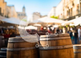 Intra Συλλεκτικό Ξύλινο Παζλ Plywood  4mm - Υπαίθρια αγορά με ξύλινα βαρέλια και ανθρώπους Σε Ξύλινο Κουτί - Διαστάσεις Puzzle: 10x10 cm – 25 κομμάτια