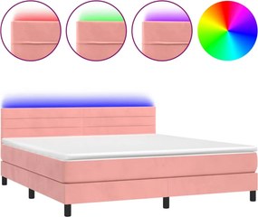 vidaXL Κρεβάτι Boxspring με Στρώμα &amp; LED Ροζ 180x200 εκ. Βελούδινο