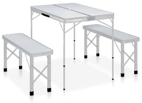 Τραπέζι Κάμπινγκ Πτυσσόμενο με 2 Πάγκους Λευκό Αλουμινίου