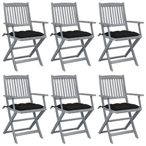 Καρέκλες Εξωτ. Χώρου Πτυσσόμενες 6 τεμ Ξύλο Ακακίας &amp; Μαξιλάρια - Μαύρο