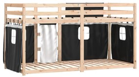 vidaXL Κουκέτα με Κουρτίνες Λευκό/Μαύρο 90x190 εκ. Μασίφ Ξύλο Πεύκου