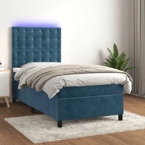 Κρεβάτι Boxspring με Στρώμα & LED Σκ. Μπλε 90x190 εκ. Βελούδινο