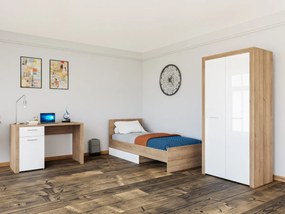 Σετ επίπλων Boston AK124, Riviera δρυς, Γυαλιστερό λευκό, Πλαστικοποιημένη μοριοσανίδα, Πόρτες ντουλάπας: Με μεντεσέδες, Αποθηκευτικός χώρος, 90x200