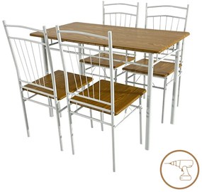 Τραπεζαρία Roza II pakoworld σετ 5τμχ mdf σε φυσική απόχρωση με λευκά μεταλλικά πόδια 110x60x74εκ
