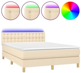 vidaXL Κρεβάτι Boxspring με Στρώμα & LED Κρεμ 140x200 εκ. Υφασμάτινο
