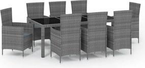 vidaXL Σετ Τραπεζαρίας Εξ. Χώρου 9 τεμ. Γκρι Συνθ. Ρατάν με Μαξιλάρια