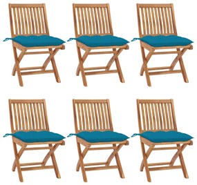 Καρέκλες Κήπου Πτυσσόμενες 6 τεμ. Μασίφ Ξύλο Teak με Μαξιλάρια - Μπλε