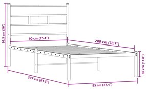 Σκελετός Κρεβ. Χωρίς Στρώμα Καπνιστή Δρυς 90x200 εκ. Μεταλλικό - Καφέ