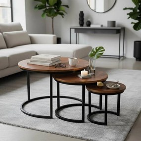 Τραπεζάκια σαλονιού Frina σετ 3τεμ mango ξύλο σε καρυδί με πόδι μαύρο μέταλλο 70x70x45 εκ.