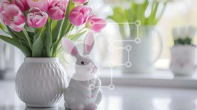 Intra Συλλεκτικό Ξύλινο Παζλ Plywood  4mm - Λευκό κουνελάκι με ροζ βάζα τουλίπας και λουλούδια Σε Ξύλινο Κουτί - Διαστάσεις: 10x10 cm – 25 κομμάτια