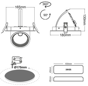 WHITE LED RECESSED MOVABLE LUMINAIRE 30W 4000K 60° 2480LM 230V Ra80