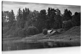 Εικόνα από παραμυθένια σπίτια δίπλα στο ποτάμι σε ασπρόμαυρο - 90x60