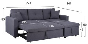 Γωνιακός καναπές - Κρεβάτι WAYNE Ύφασμα Γκρί 224x147x85Υ εκ. 224x147x85 εκ.