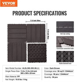 VEVOR Interlocking Deck Tiles 36 Pack 12"x12" Waterproof for Porch Dark Brown