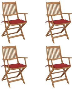 Καρέκλες Κήπου Πτυσσόμενες 4 τεμ Μασίφ Ξύλο Ακακίας &amp; Μαξιλάρια - Κόκκινο