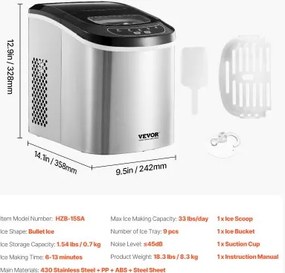 VEVOR Portable Countertop Ice Maker 33Lbs/24H Self-Cleaning with Scoop Basket