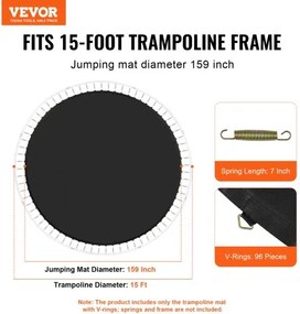 VEVOR Replacement Trampoline Mat Fits 15ft Frame 96 V-Rings 7" Spring Length