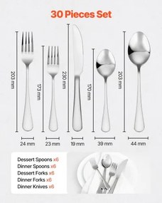 VEVOR 30-Piece Silverware Set Stainless Steel Cutlery Flatware Utensils for 6