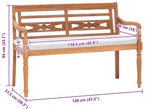 vidaXL Παγκάκι Batavia 120 εκ. από Ξύλο Teak με Μαξιλάρια