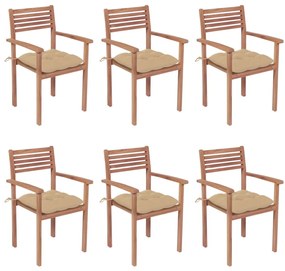 Καρέκλες Κήπου Στοιβαζ. 6 τεμ. από Μασίφ Ξύλο Teak με Μαξιλάρια