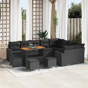 vidaXL Σετ Καναπέ Κήπου 13 Τεμαχίων με Μαξιλάρια σε Μαύρο Πολυ Ράττον