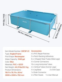 VEVOR Steel Frame Above Ground Swimming Pool 118 x 78 x 30 in Rectangular Blue