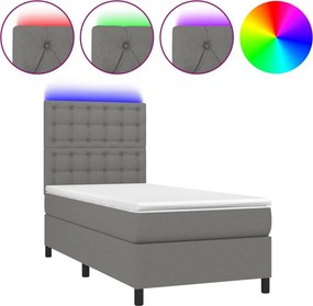 vidaXL Κρεβάτι Boxspring με Στρώμα &amp; LED Σκ.Γκρι 90x200 εκ. Υφασμάτινο